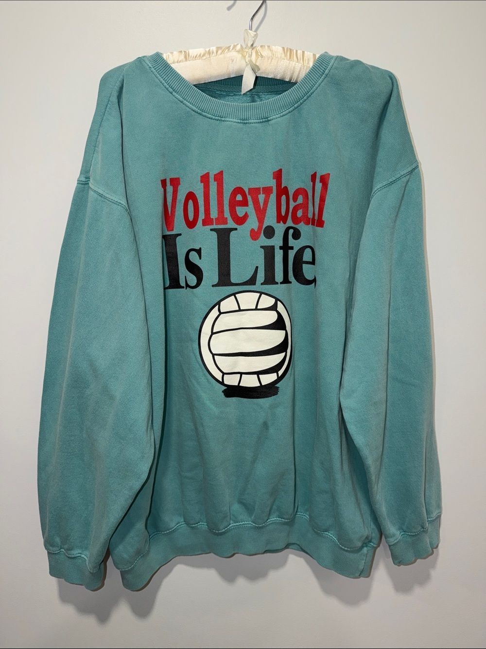 Crew XL Teal Red Black White Cotton Sweatshirt Volleyball Is Life Front Graphic